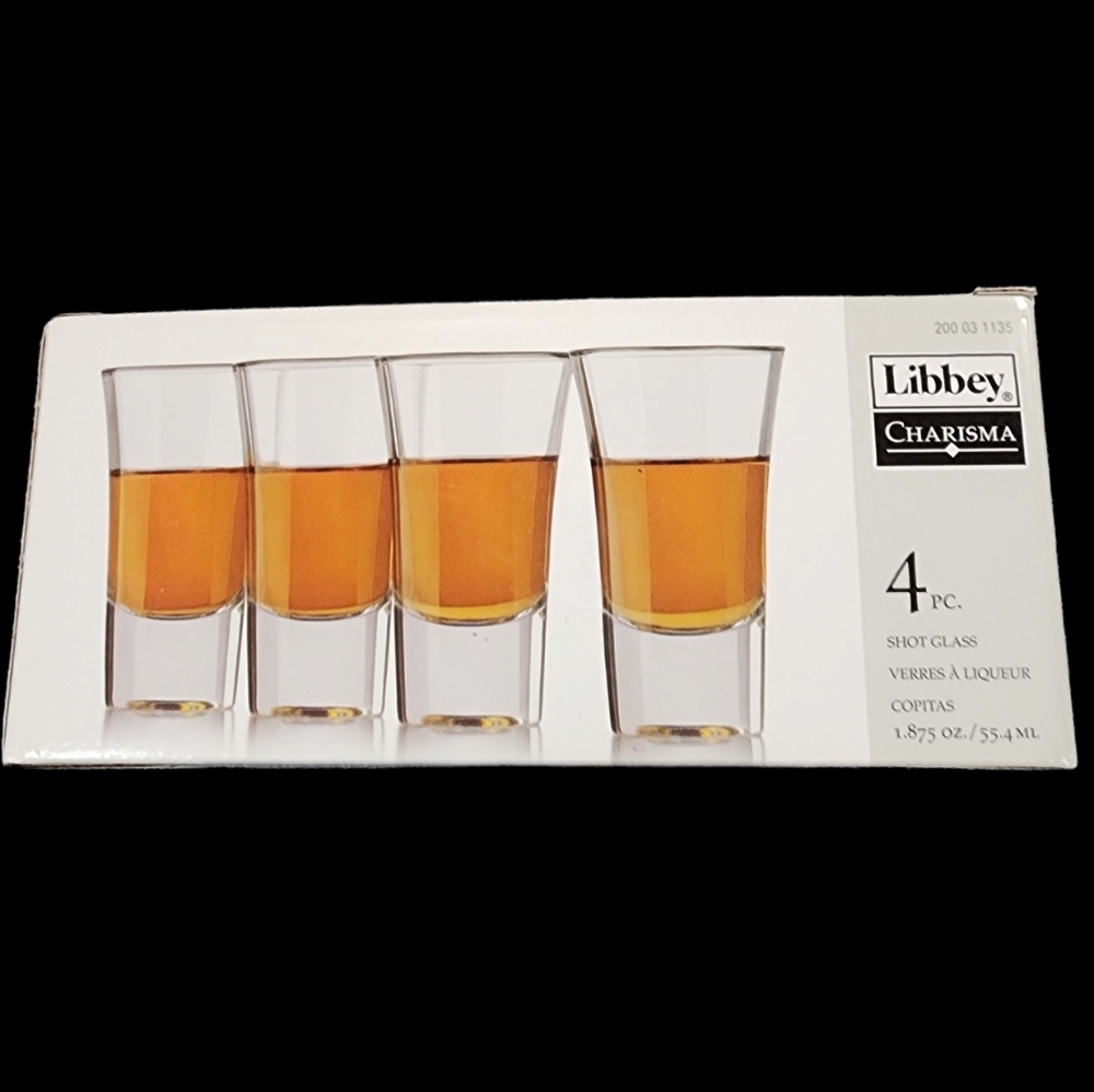 Nib Libbey Charisma 4 piece Clear Shot Glass Set Made USA